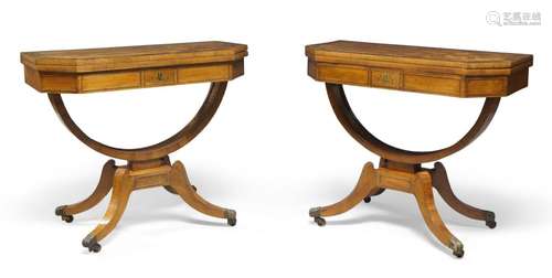 A pair of rosewood brass inlaid fold-over card tables, c.182...