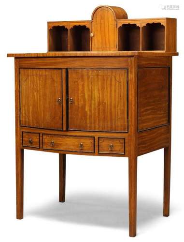 A late Victorian satinwood and ebony strung cabinet, the rai...