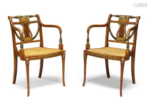 A pair of Edwardian satinwood painted open armchairs, c. 190...