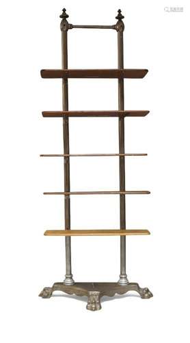 A French steel and pine five tier open shelfing unit, possib...