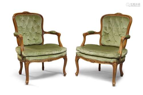 A pair of French Louis XV style fauteuils, late 20th century...