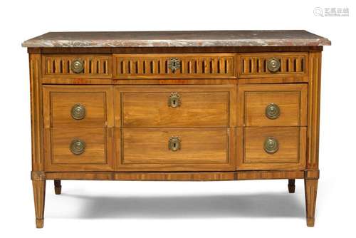 A Louis XVI tulipwood and marquetry veneered commode, with a...