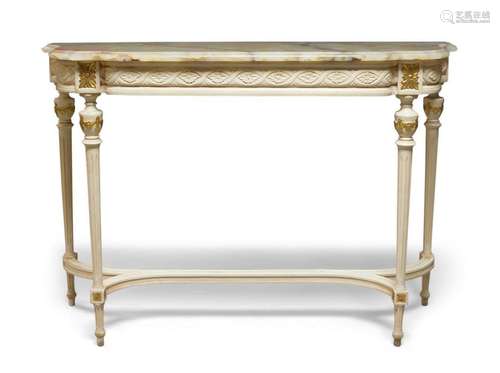 A Louis XVI style white painted marble topped console table,...