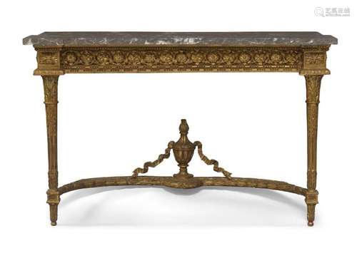 A pair of Louis XVI style gilt console tables, late 19th cen...