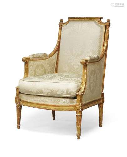 A French bergere, 19th century, with moulded crest rail, sil...