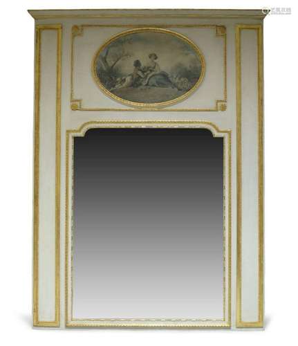 A large cream and gilt painted trumeau mirror, the top with ...