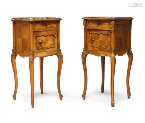 A pair of French marble topped bedside cabinets, 20th centur...