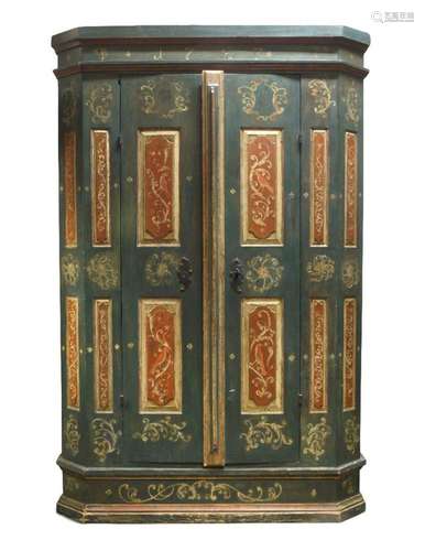 A Swiss painted pine armoire, inscribed with date '1787...