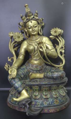 Closionne Copper and Golden Green Tara Statue from Qing