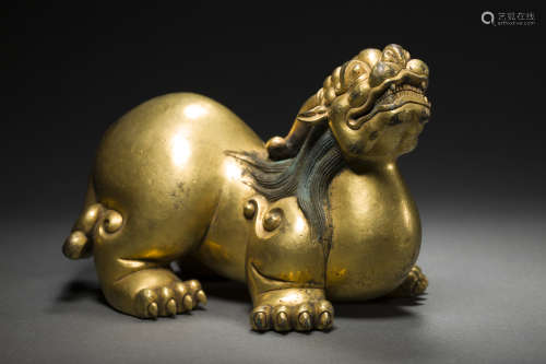 Copper Inlaying Golden Beast Ornament from Qing