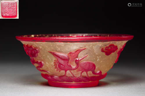 Coloured Glazed Bowl in Crane Design from Qing