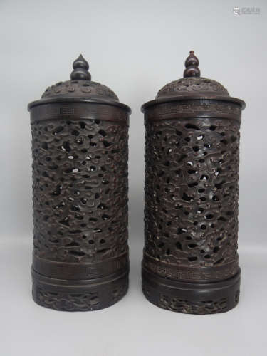 A Pair of Red Sandalwood Carved Sachet Holder from Qing