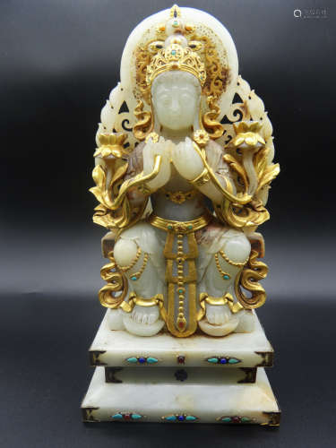 Jade Inlaying with Golden Buddha Figure