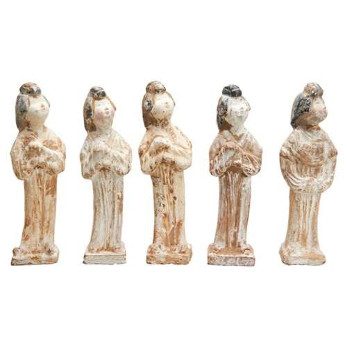 GROUP OF FIVE PAINTED POTTERY LADIES TANG DYNASTY each stand...