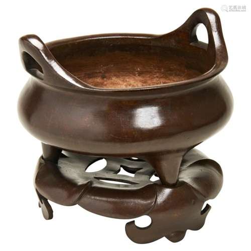 LARGE CHINESE BRONZE CIRCULAR INCENSE BURNER 17TH CENTURY wi...