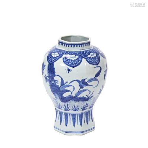 BLUE AND WHITE HEXAGONAL BALUSTER VASE  TRANSITIONAL PERIOD ...