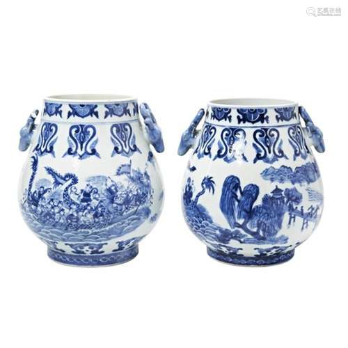 PAIR OF BLUE AND WHITE HU-FORM VASES GUANGXI SIX CHARACTER