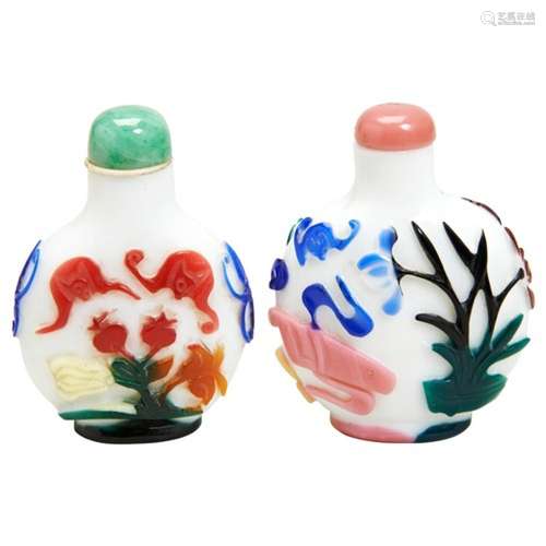 TWO CHINESE SIX COLOUR OVELAY MILK-WHITE GLASS GROUND SNUFF ...