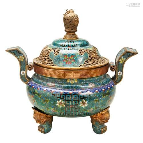 LARGE CLOISONNE ENAMEL TRIPOD CENSER AND COVER QING DYNASTY,...