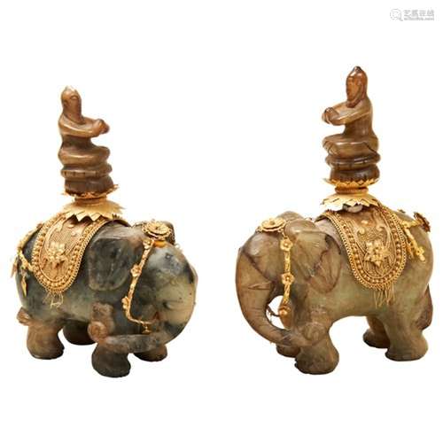 PAIR OF GREEN HARDSTONE & GILT-METAL CAPARISONED ELEPHAN...