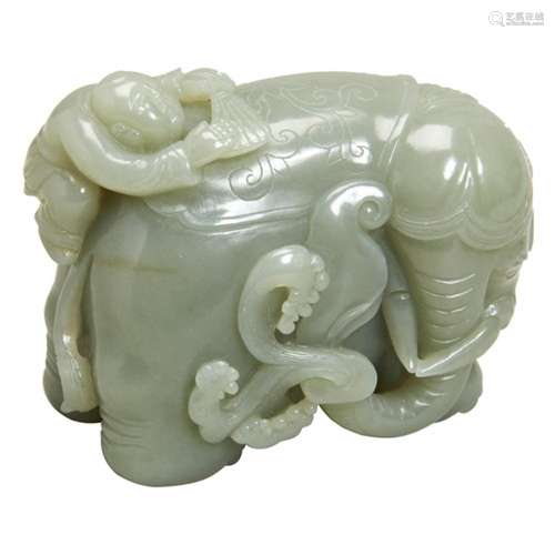 CARVED CELADON-JADE 'ELEPHANT AND BOY' GROUP LATE QING / REP...