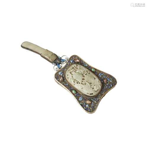 SILVER AND ENAMEL JADE MOUNTED HAND MIRROR  LATE QING DYNAST...