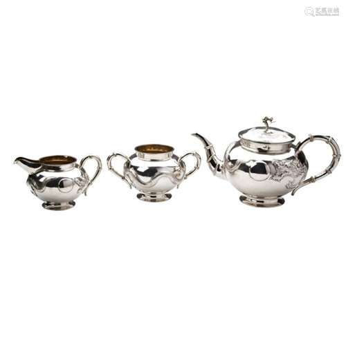 CHINESE SILVER THREE PIECE TEA SET TSUN TSUN, LATE QING DYNA...