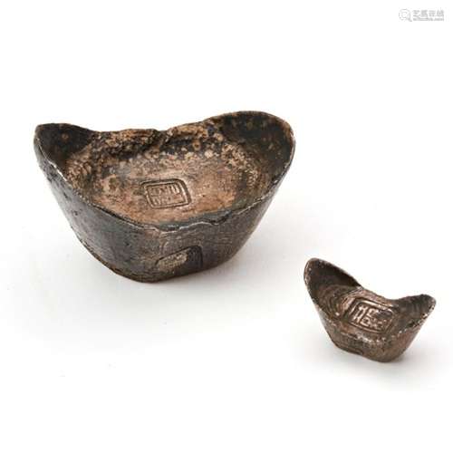 TWO TAEL SYCEE SILVER 'SHOE' SHAPED INGOTS CIRCA 1900 with i...