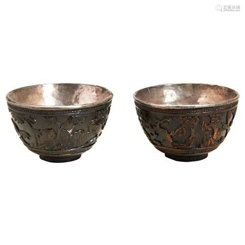 PAIR OF CARVED COCONUT AND SILVER LINED WINE CUPS KANGXI PER...