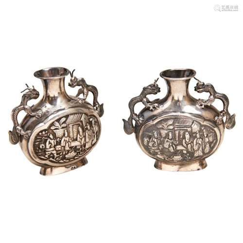 PAIR OF SMALL CHINESE SILVER EXPORT VASES WANG HING, HONG KO...