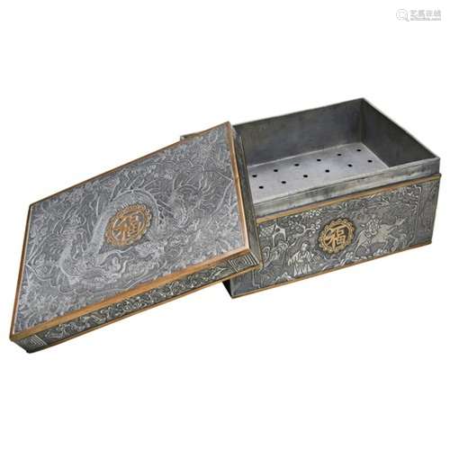 CHINESE PEWTER AND GILT-METAL MOUNTED TEA CADDY QING DYNASTY...