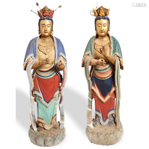 RARE PAIR OF MONUMENTAL POLYCHROME PAINTED STUCCO BODDISATVA...