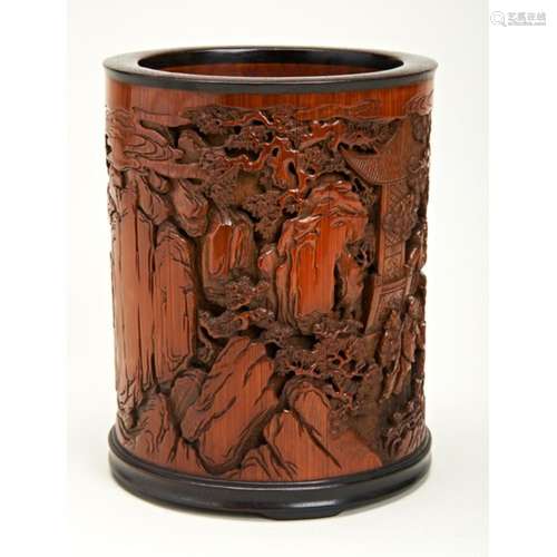 EXCEPTIONALLY FINE CARVED BAMBOO AND HARDWOOD MOUNTED BRUSHP...