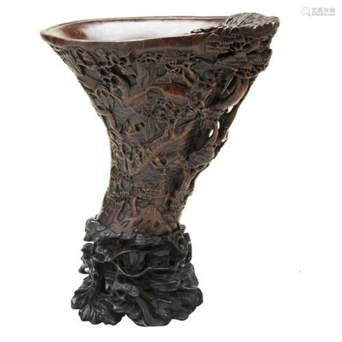 IMPRESSIVE CARVED AGAR WOOD LIBATION CUP WITH FITTED BLACKWO...