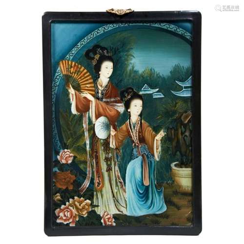 CHINESE REVERSE GLASS PAINTING 20TH CENTURY depicting two el...