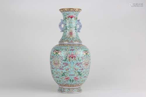 Famille-rose Enameled Double-ear Vase with Chi Dragon and Fl...