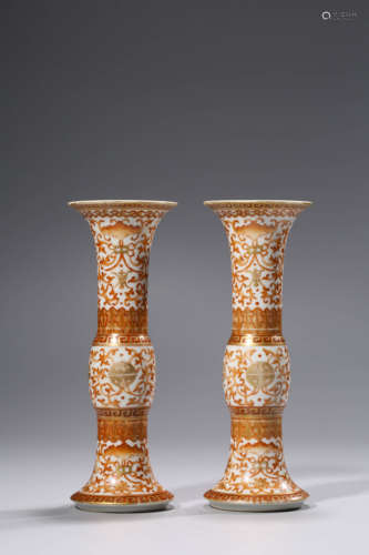 Pair Iron Red Glazed Flower Vase with Floral Design