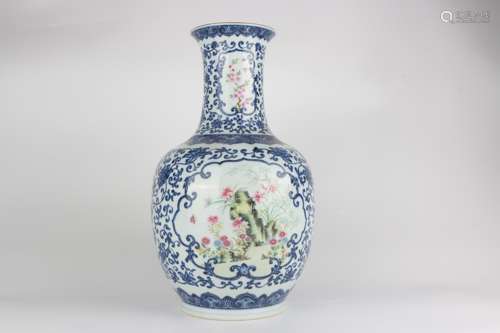 Blue-and-white Vase with Famille Rose Design and Reserved Fl...