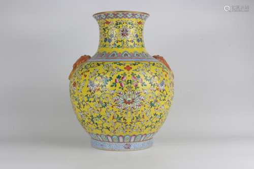 Colored Double-ear Vase with Floral Design on a Yellow Groun...