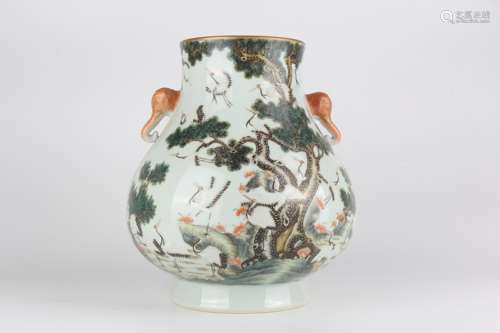 Famille-rose Enameled Double-ear Vase with Pine and Crane(Lo...