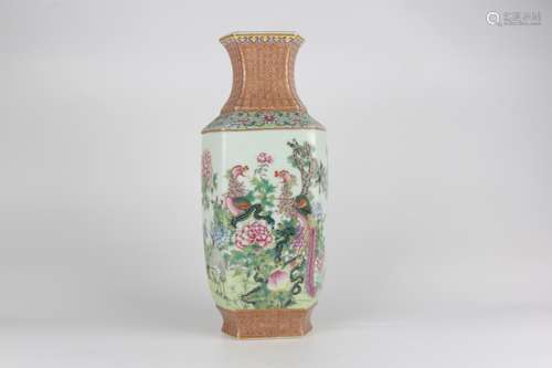 Color Enameled Square Vase with Gold-traced Design and Phoen...