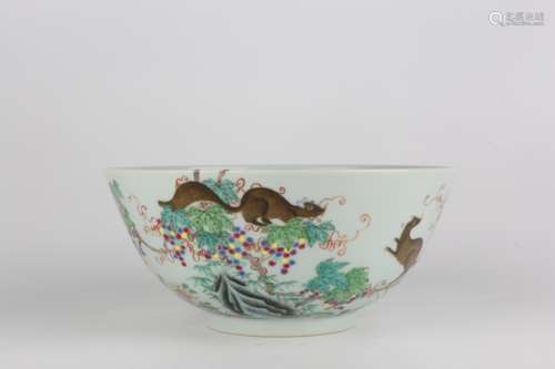 Contrasting Colored Bowl with Squirrel and Grape Patterns, Y...