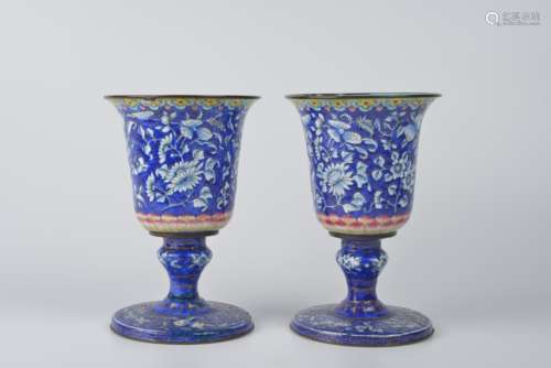 Pair Copper-bodied Painted Enamel Stem Cup