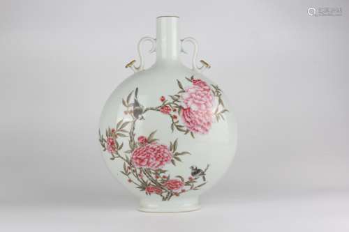 Famille-rose Enameled Moon Flask with Peony and Bird Design,...