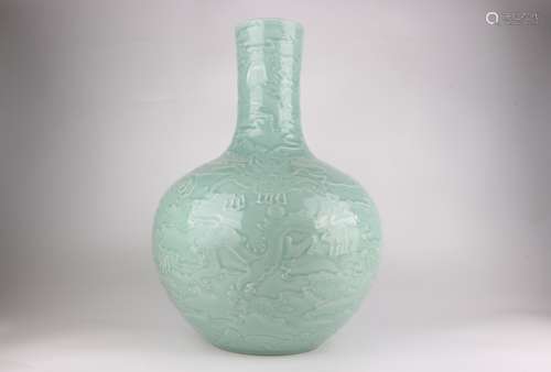 Sky Green Glazed Globular-shaped Vase with Carved Dragon Pat...