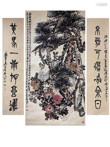 Chrysanthemum and Stone, Six-foot Couplet, Scroll, Wu Changs...