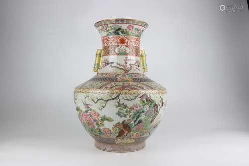 Famille-rose Enameled Double-ear Vase with Floral and Bird P...