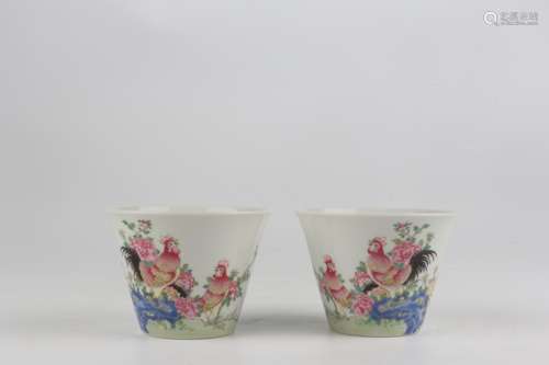 Famille-rose Enameled Cup with Golden Rooster, Floral and Po...