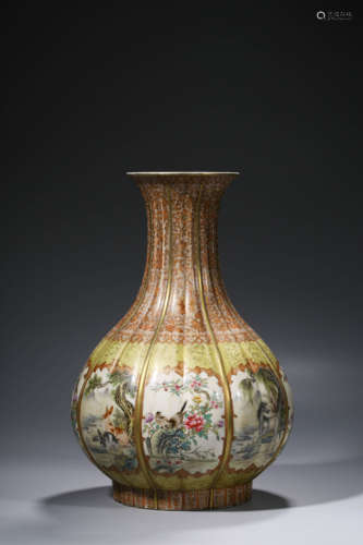 Famille-rose Enameled Vase with Reserved Design and Melon Ri...