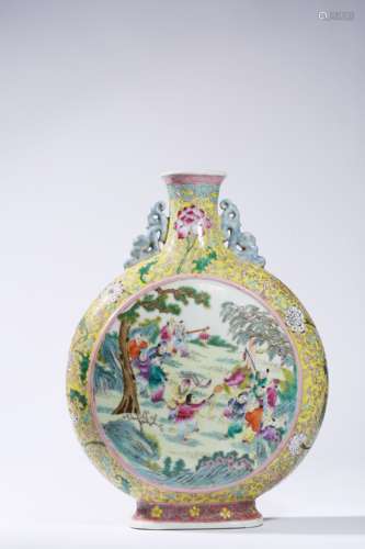 Famille-rose Enameled Oblated Vase with Reserved Children Pl...